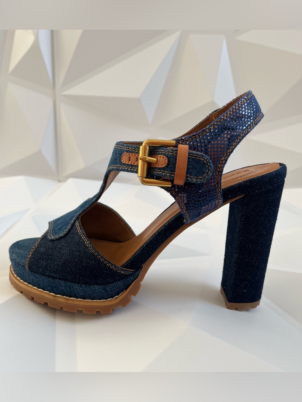 See By Chloe Patchwork Denim With Snake Print Heels Sandals